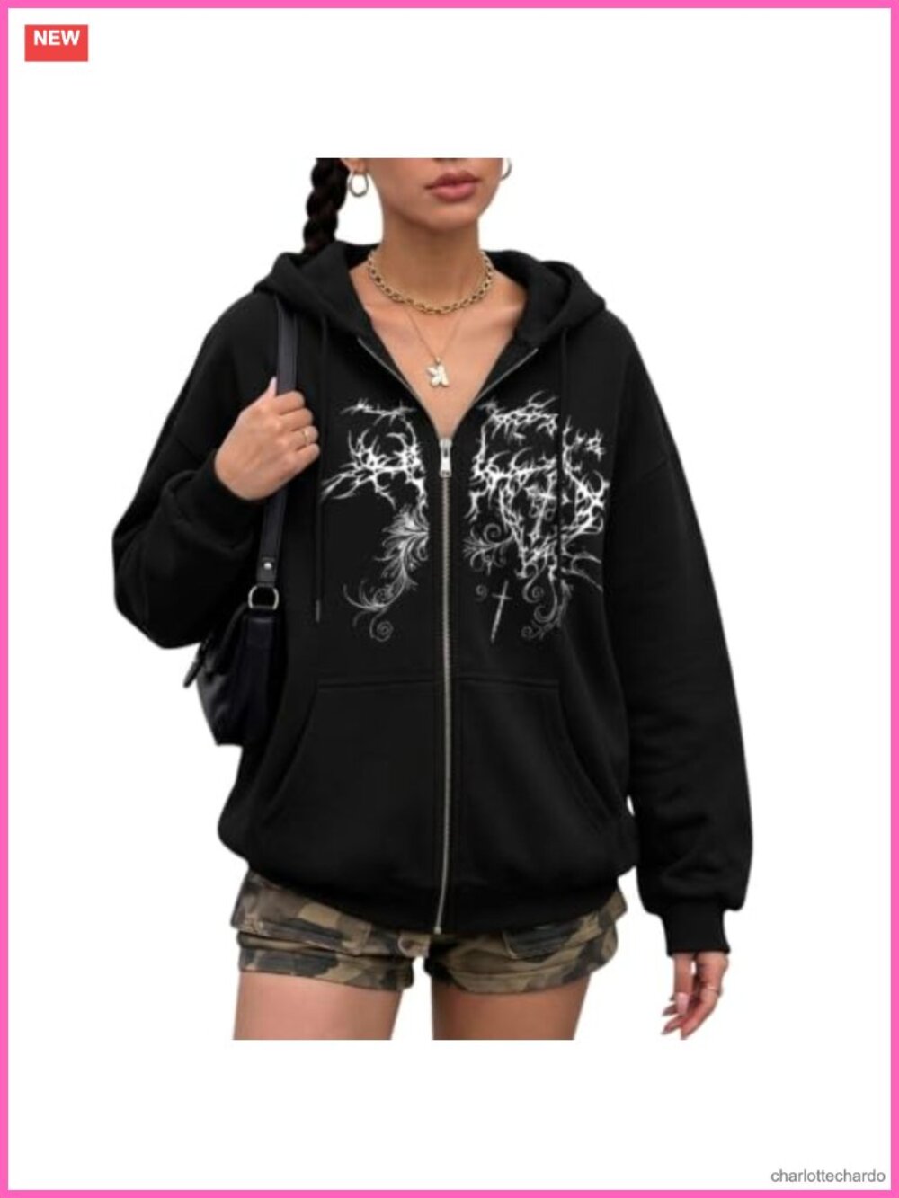 Women's Y2K Grunge Zip Up Graphic Hoodie Goth Streetwear Jacket Polyester